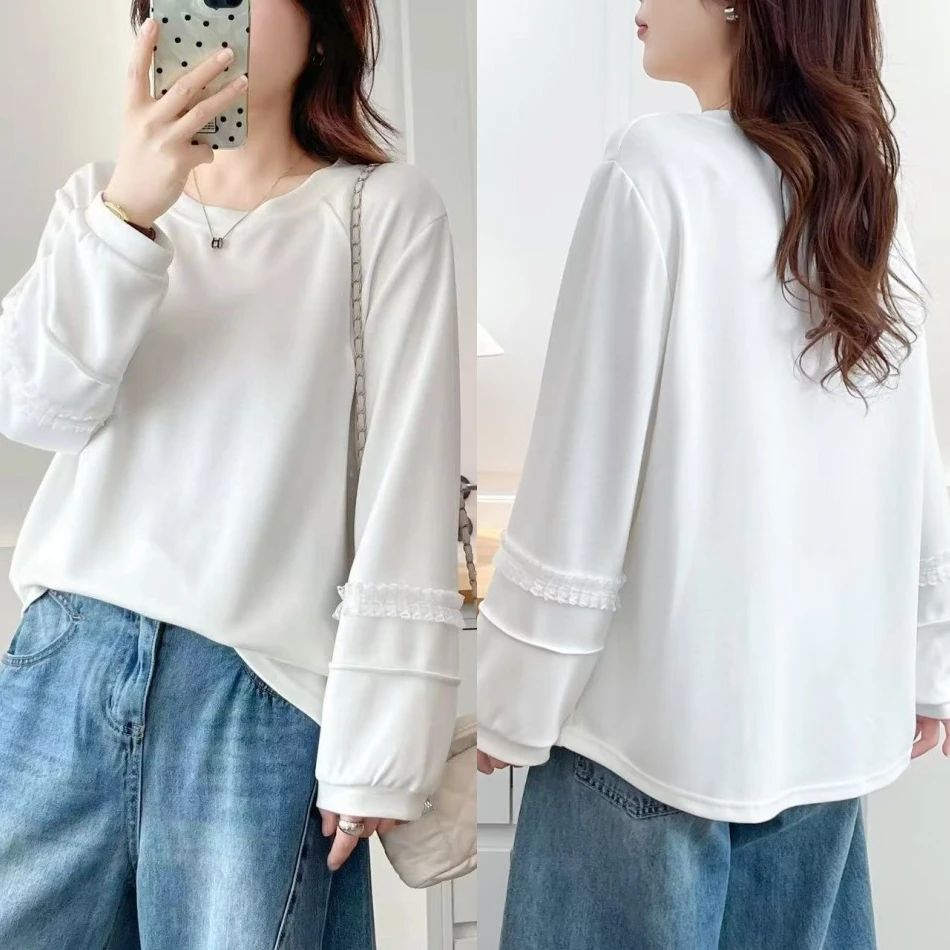 大码胖mm2025秋季新款宽松显瘦圆领卫衣女长袖T恤打底衫上衣2543