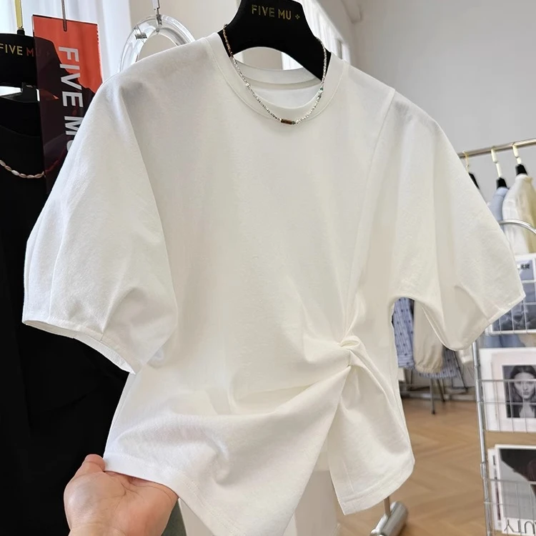 设计感扭结开叉修身短袖T恤女夏季不规则短款半袖单穿超好看上衣