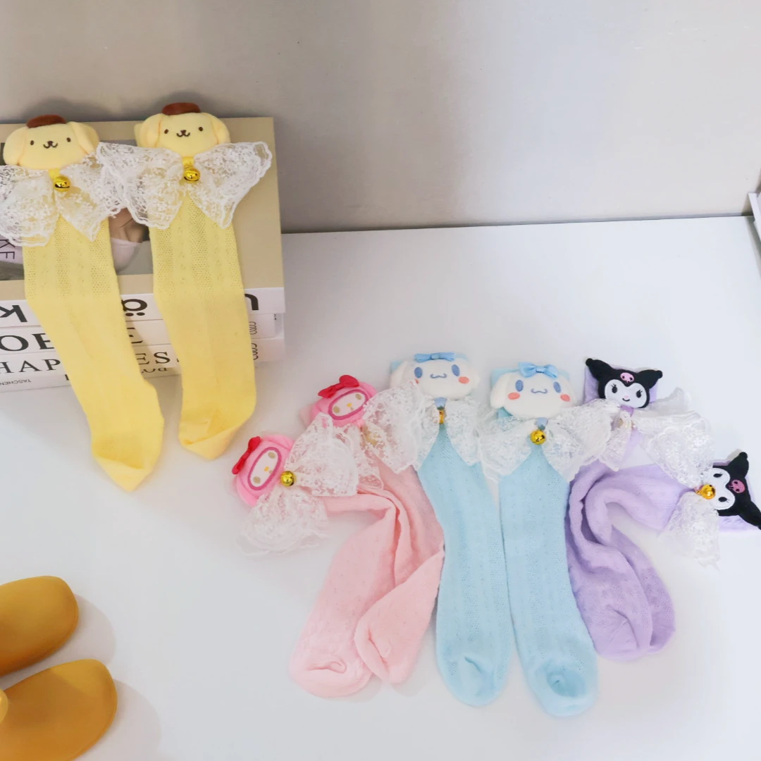 春夏新款女童公仔袜韩版针织中筒棉袜卡通蕾丝蝴蝶结库洛米儿童袜