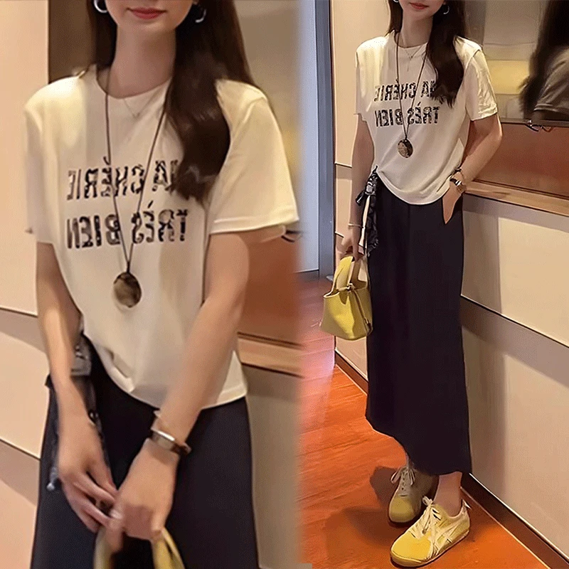 ootd穿搭一整套装女韩系字母印花配丝巾短袖T恤中长半身裙两件套