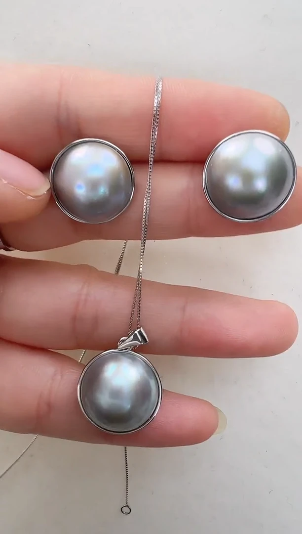 【闪购商品】拼合珍珠（马贝珠）耳饰银S925镶嵌灰色光板套装