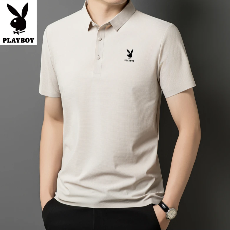 花花公子男士冰丝短袖polo衫休闲夏季透气半袖翻领时尚纯色商务