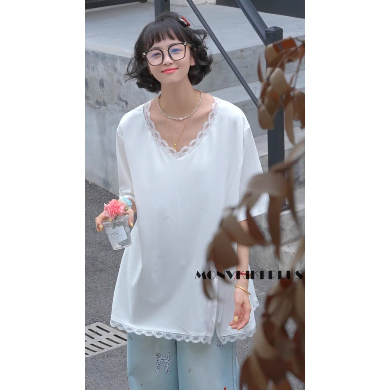 MoNvKiKiPlus2“年轮“95%棉复古蕾丝设计款百搭宽松休闲T恤#A90