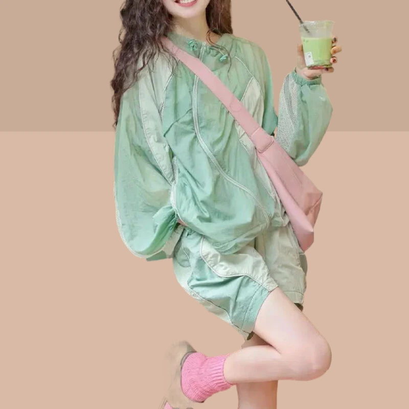 甜美风夏季穿搭一整套防晒衣女装特大码300斤时尚洋气轻薄两件套