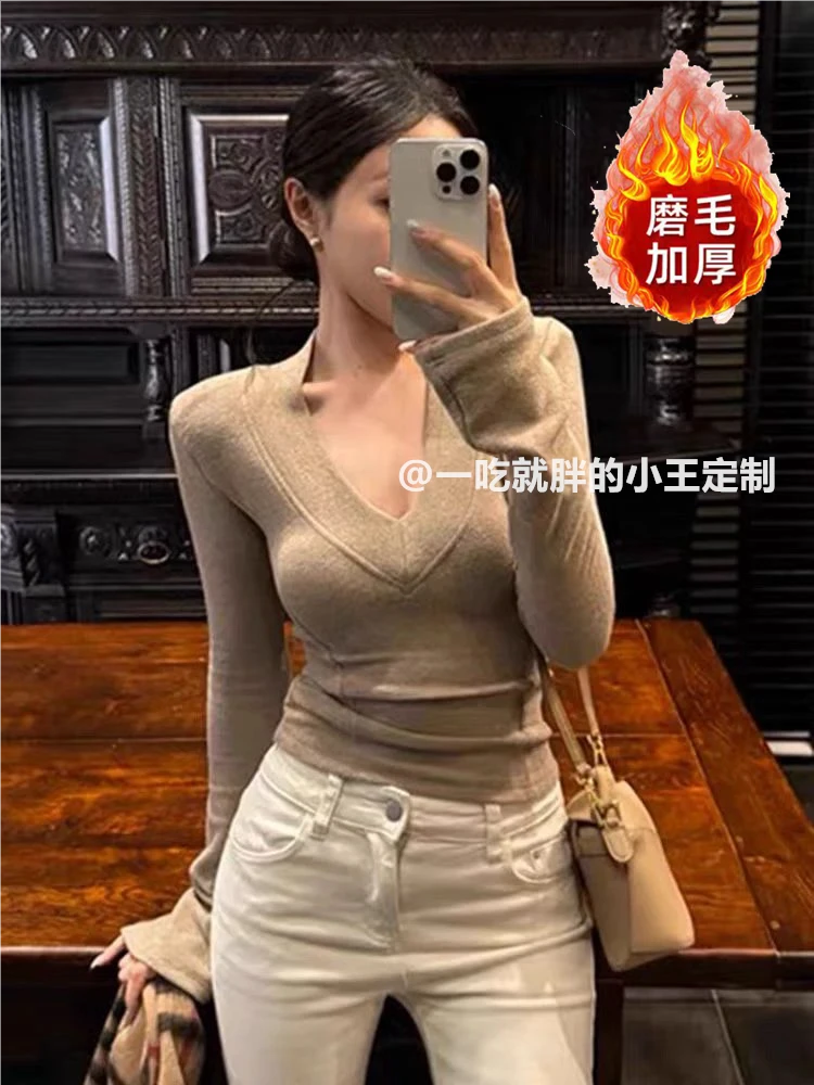 【小王家】女装秋冬韩版V领长袖T恤磨毛加厚百搭修身显瘦内搭打底衫