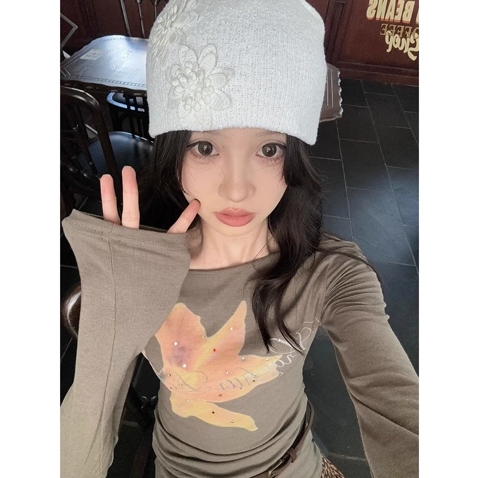 彩钻花朵斜肩上衣女初秋新款绝美修身显瘦甜辣纯欲风露肩长袖T恤