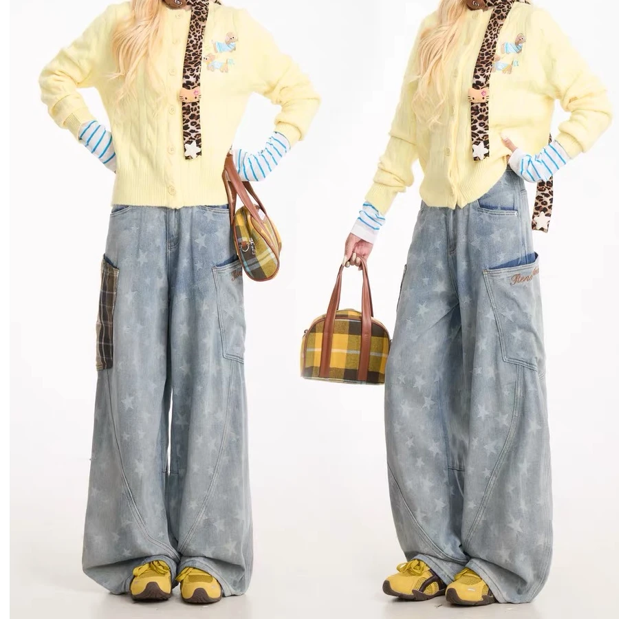 大口袋设计星星满印牛仔裤女2025秋季新款街头水洗阔腿裤弯刀裤子