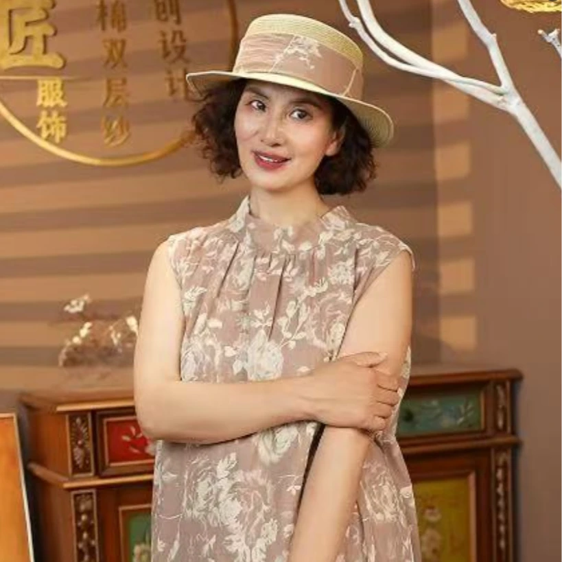 （小风子老板娘专属）纯棉双层纱新中式极简风豹纹长裙V领连衣裙