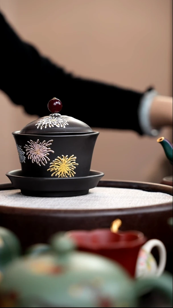 茶壶紫砂石黄烟花三才盖碗