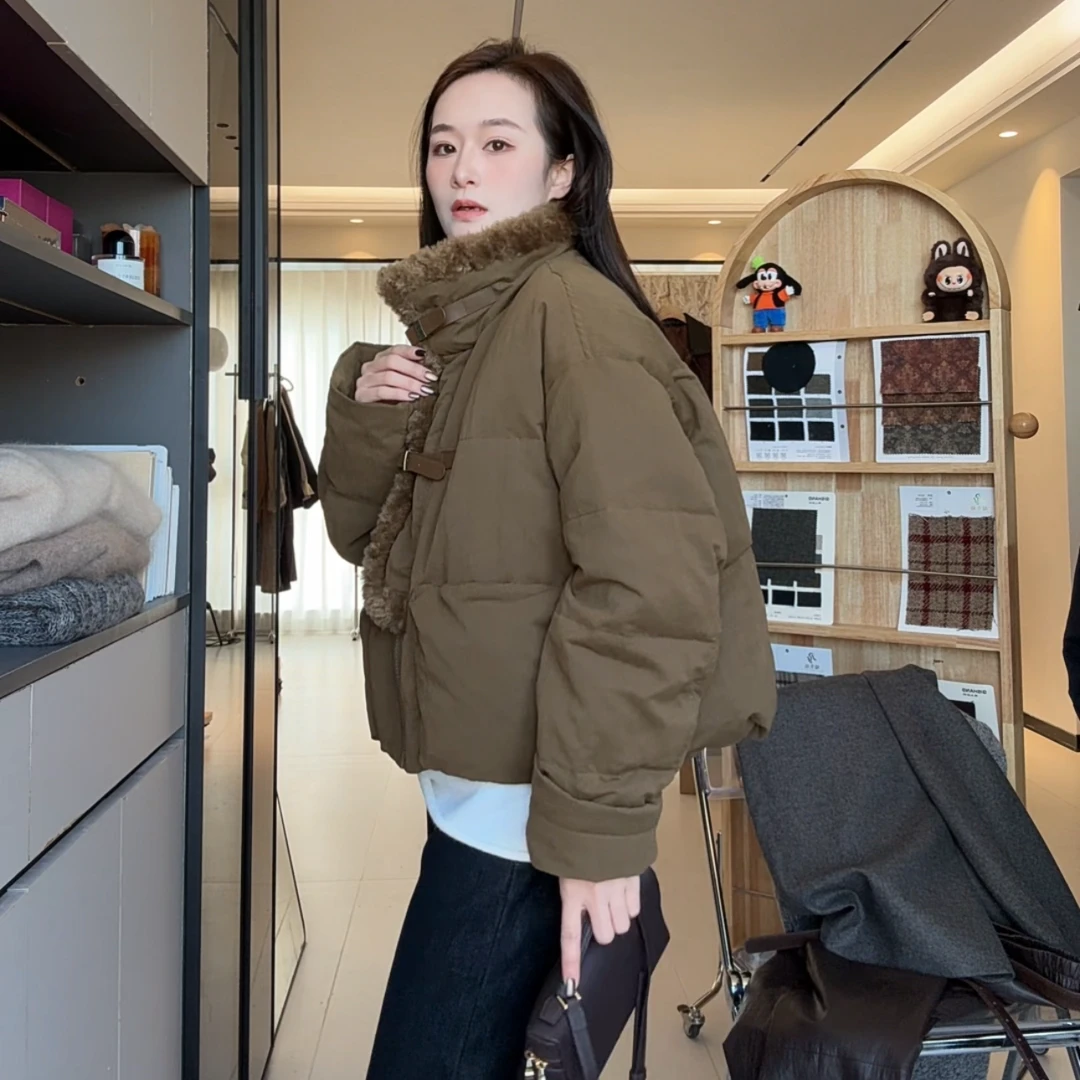 冬季百搭设计感复古短款立领毛领女冬季羽绒外套#11240