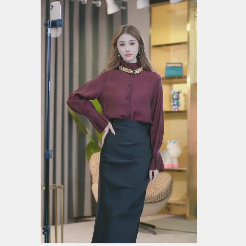 【张喜喜】轻奢时尚气质长袖秋季新款人丝衬衫女 0233645