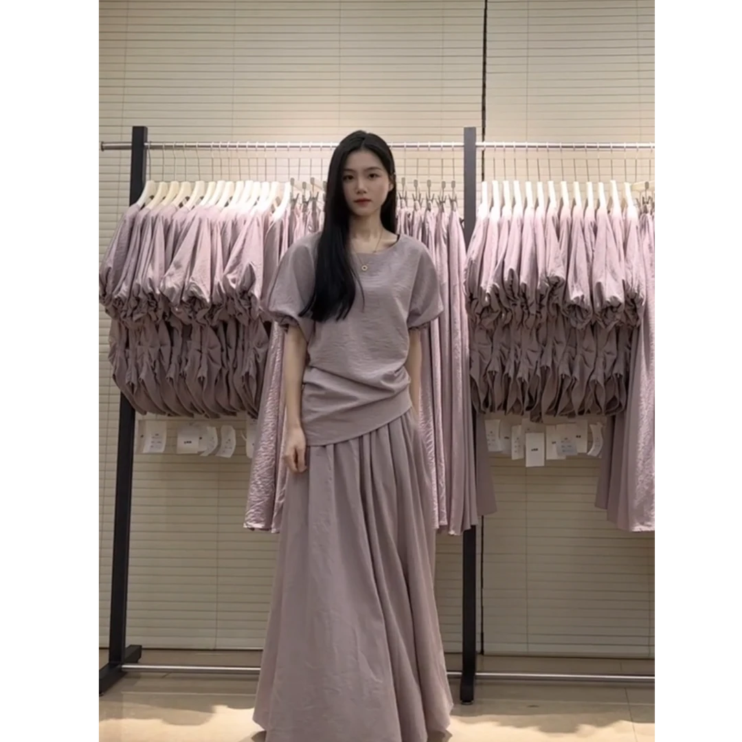 夏季2025时尚套装裙女紫色短袖宽松上衣高腰垂感休闲半身裙两件套