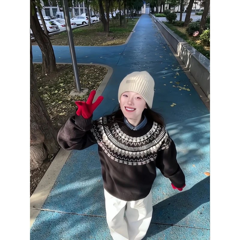 复古费尔岛圆领毛衣慵懒风软糯套头针织衫上衣高腰直筒阔腿拖地裤