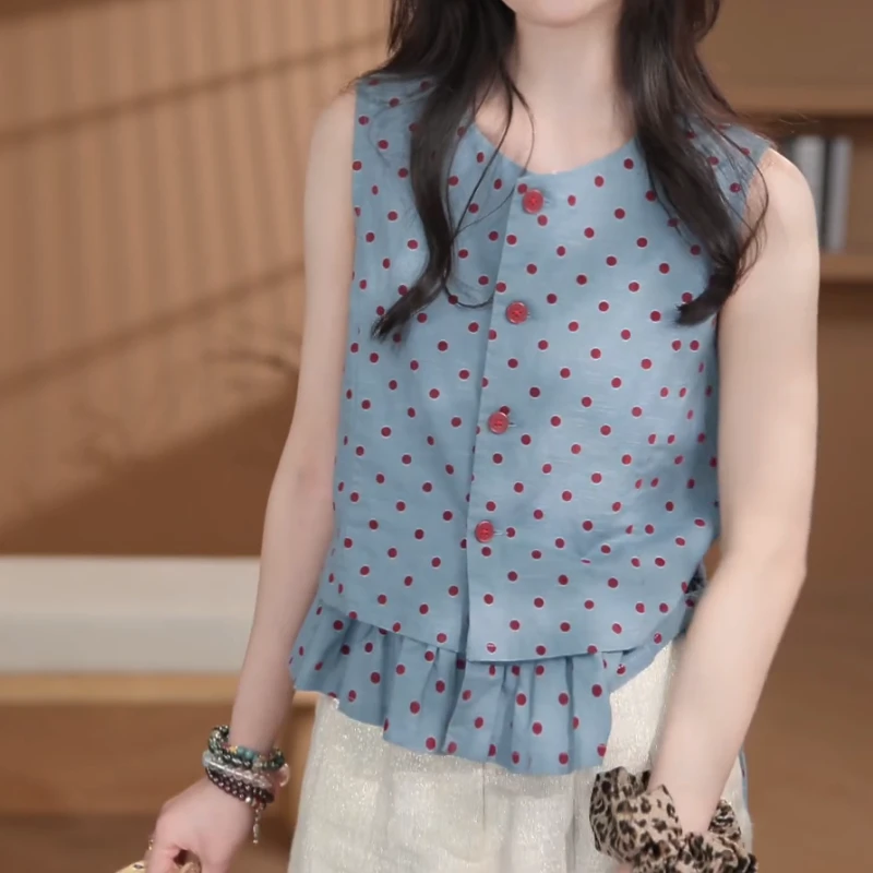 2025新款蓝色复古波点上衣百搭夏季休闲气质小衫LK2504967
