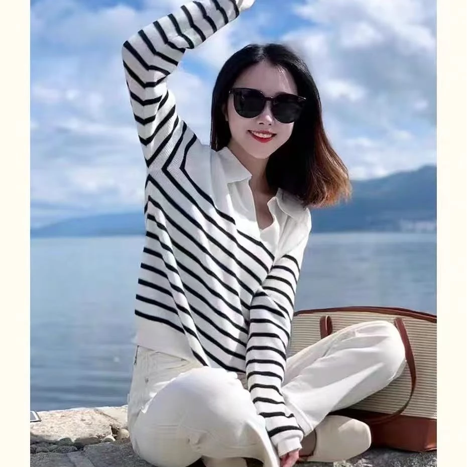 008春季新款经典条纹针织衫气质百搭显瘦洋气时尚休闲纯色宽松