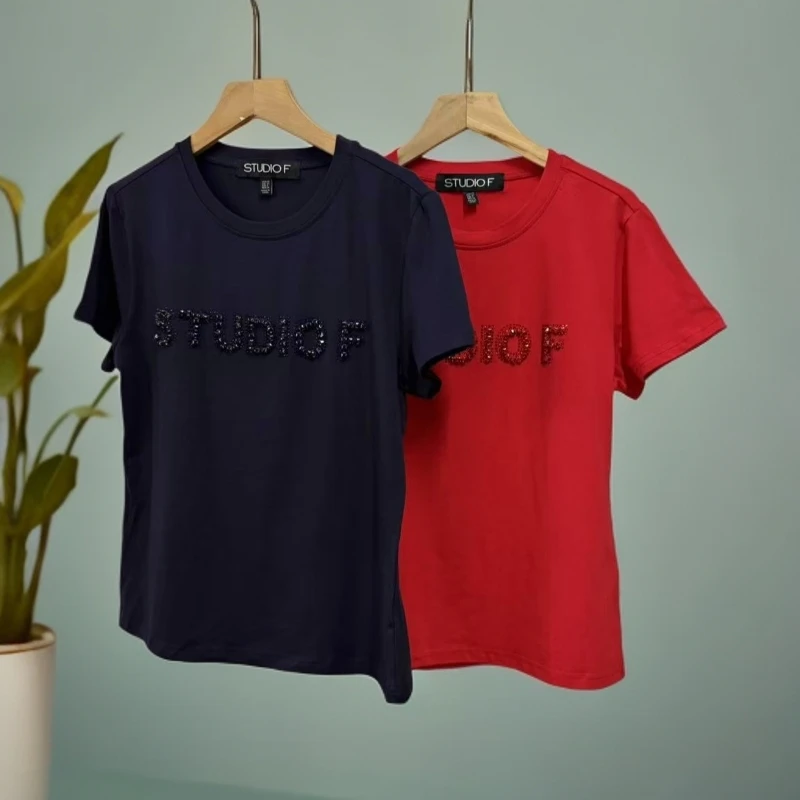 艳儿家【重工百搭T恤】新款棉T恤圆领女士时尚