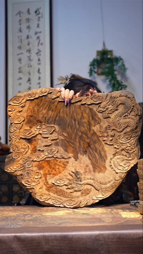 金丝楠【45】干泡茶盘 精品瘤疤纹祥云满花  一木整雕祥云瑞龙茶盘