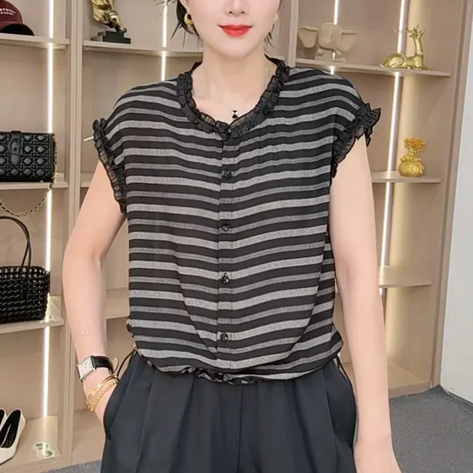 夏季新款时尚洋气花边领条纹短袖T恤显瘦减龄休闲开衫气质上衣女