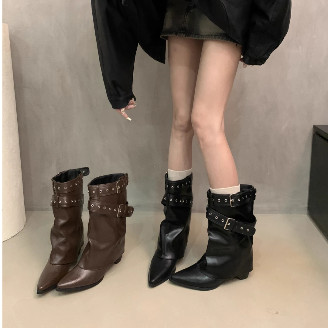 尖头裤管靴女款早秋黑色粗跟美拉德短靴2025新款显瘦复古马丁靴子