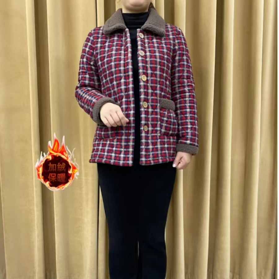 【工厂直供】冬季保暖锁温加绒棉服洋气小格子中老年妈妈装棉衣外套
