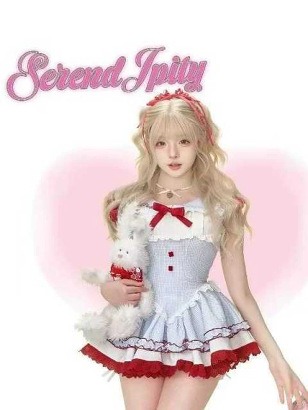 大码胖mm甜辣樱桃丸子蓝色格纹连衣裙撞色拼接花边娃娃领收腰短裙