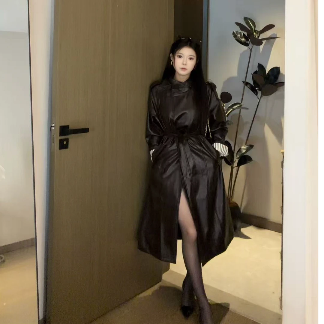 onee自制小个子巧克力棕长款皮衣高级感百搭可套装搭配不挑人秋款