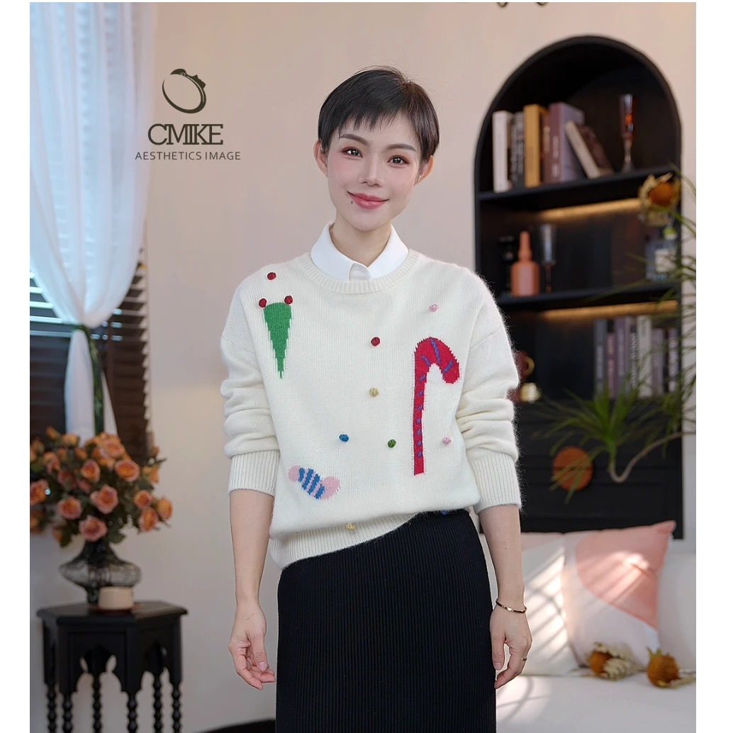 【橙蜜客】慵懒风圆领套头针织衫卡通刺绣氛围感毛衣2454M001016