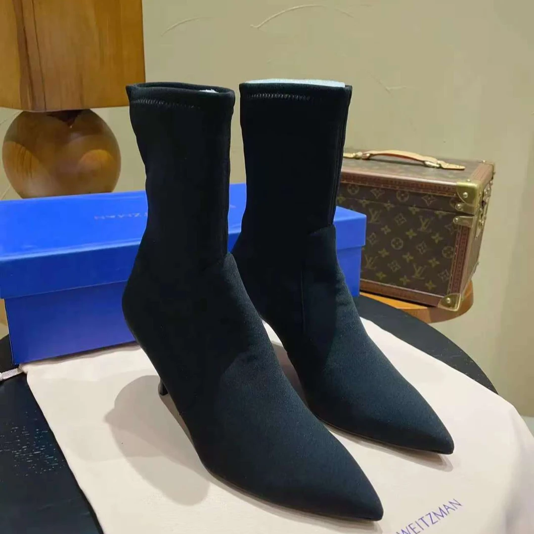 99新 StuartWeitzman Power 麂皮尖头短靴 37.5码跟高7.5cm