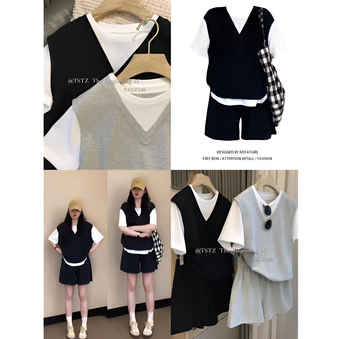 夏季新款大码胖mm休闲显瘦假两件上衣阔腿短裤套装