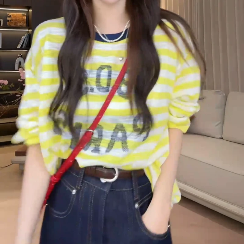 【撞色条纹】春季新款显瘦百搭撞色字母透气长袖上衣LK2502565