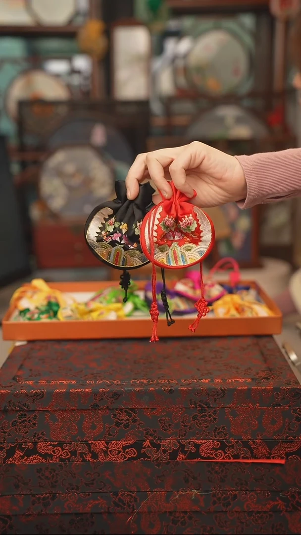 扇子海浪花锦囊 绣花吊坠非遗