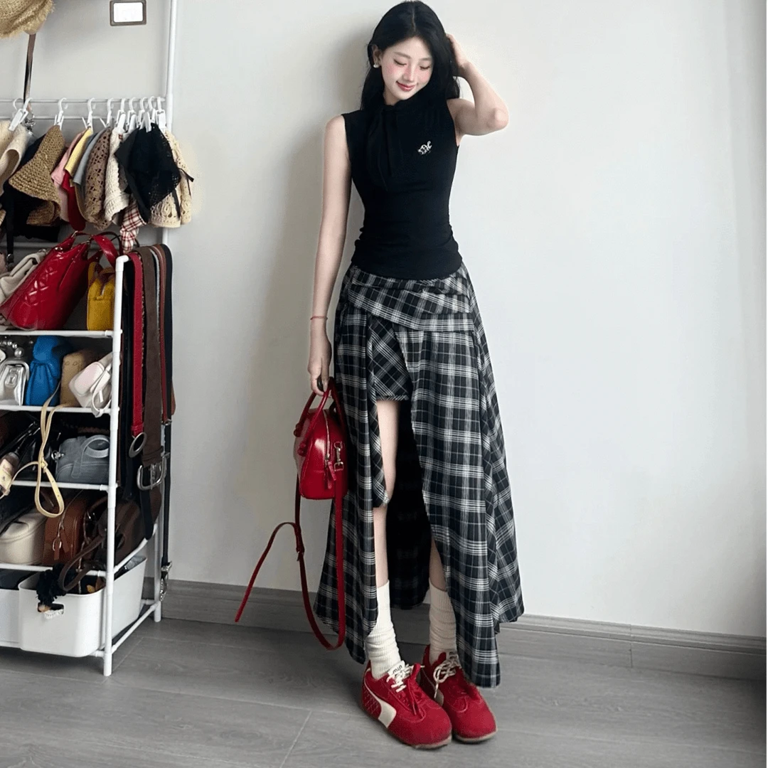 夏季新款高级感洋气圆领无袖上衣收腰显瘦格纹半身裙子气质套装女