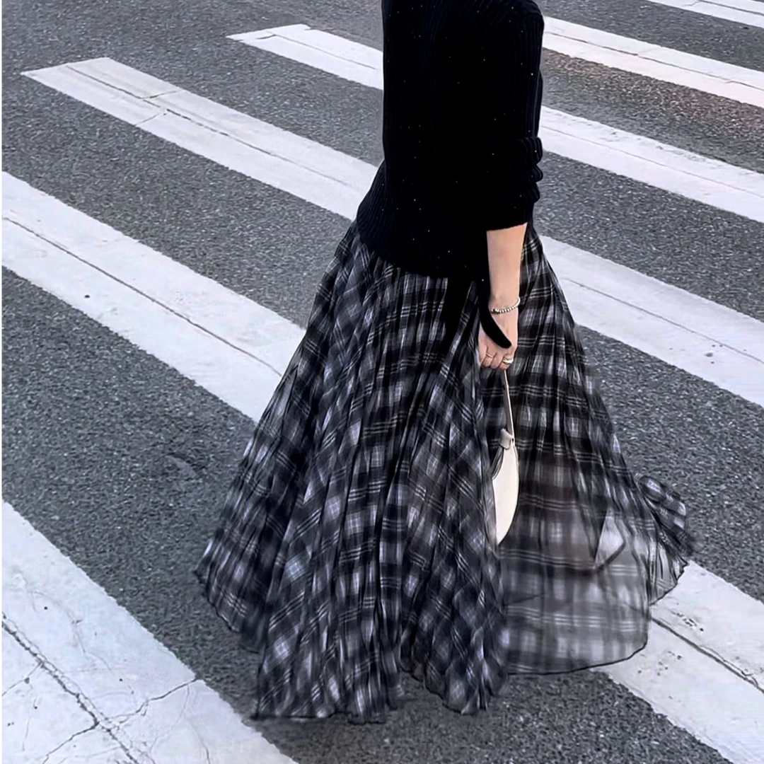 秋新琥珀流光风法式格子纱裙松紧腰半身裙A字高腰褶皱百搭格纹潮