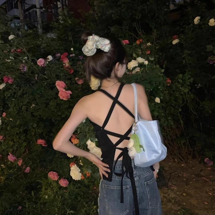 韩版百搭辣妹风显瘦美背背心吊带女2025夏季爆款带胸垫绑带上衣潮