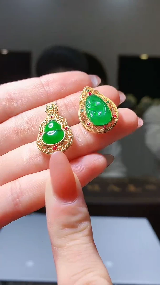 【闪购商品】定制翡翠18K金镶嵌1002hm-毛货两件挂件26