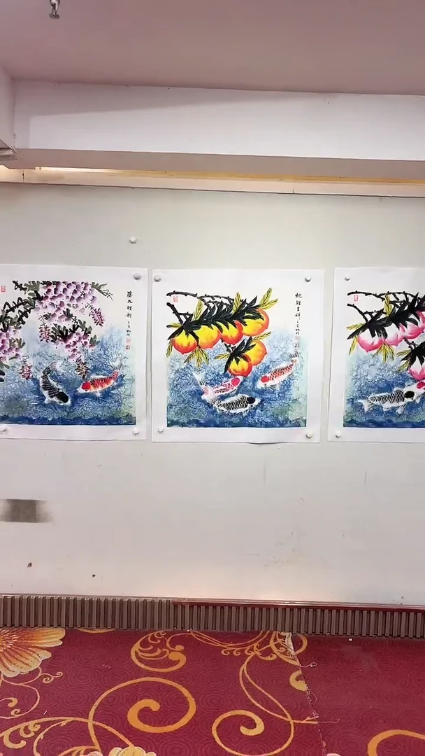 国画斗方花鸟鱼3张一套/4尺斗方托底/雷畅胜