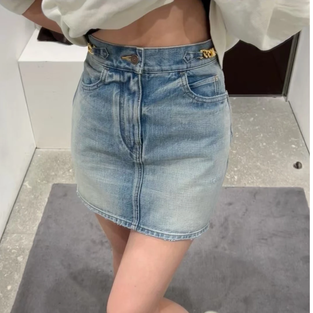 全新未使用 Celine/思琳 凯旋门金扣牛仔半裙 蓝色/27