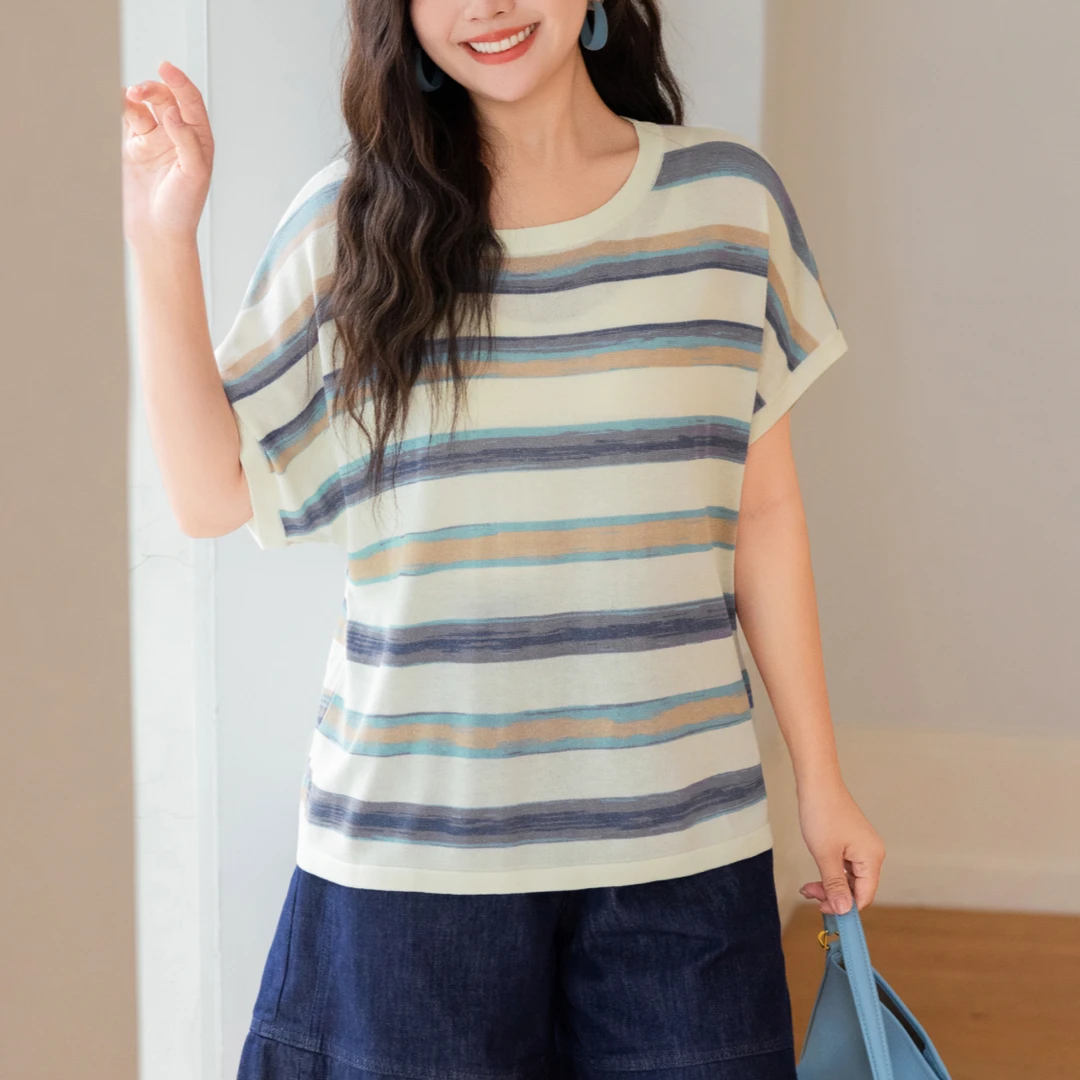 【沁凉丝缕】MsShe大码女装2025夏透气仿亚麻小飞袖针织衫Q2506022