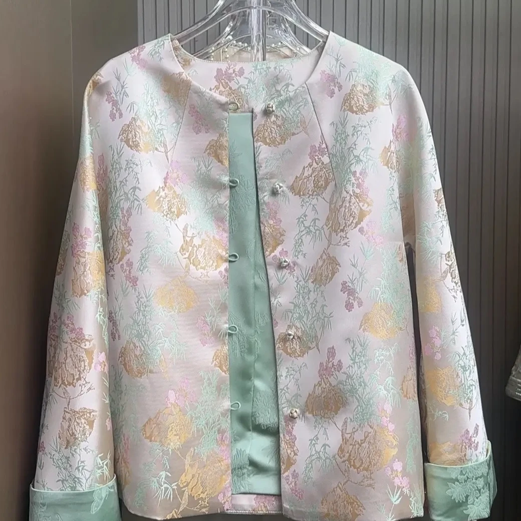 2025新款春和景明杏粉色轻奢唐装新中式盘扣宽松茶服春秋外套女