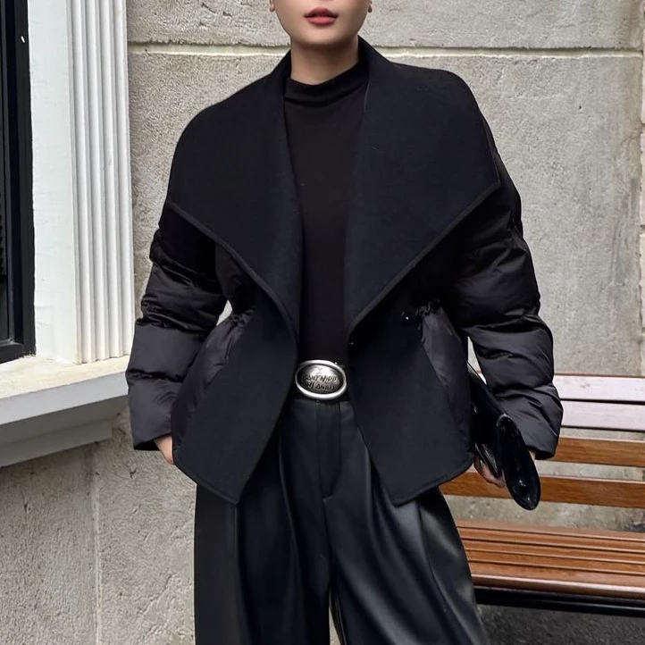 【苗姐优选】90白鸭绒羊毛大翻领拼接短款收腰羽绒服3299