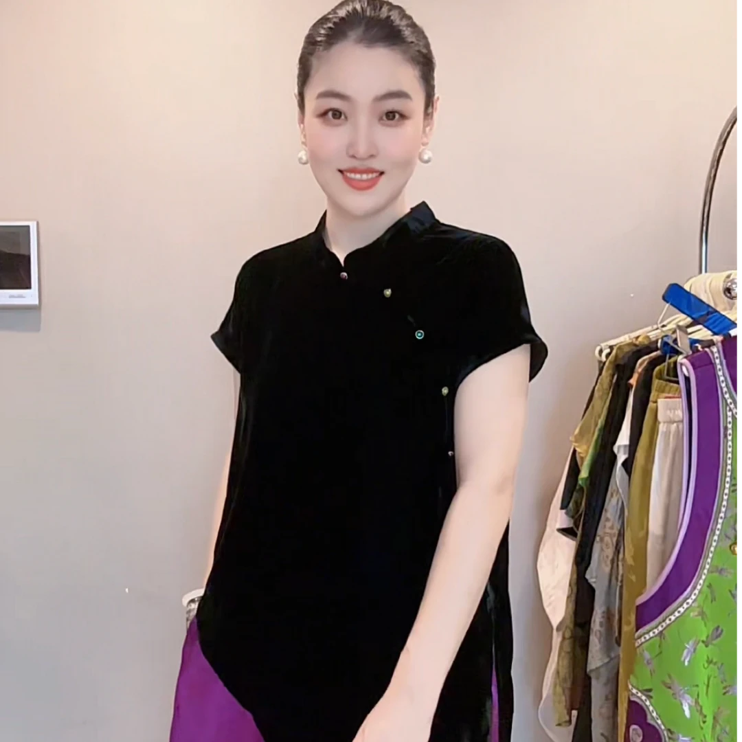 3296｛墨染流萤｝新中式原创设计百搭显瘦中长款夏日丝绒国风上衣