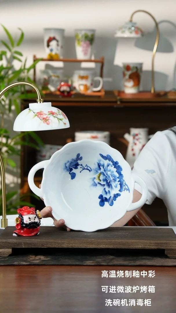 景德镇手绘釉中彩（食品级）双耳花口汤碗