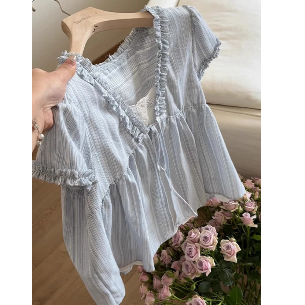 韩系蓝色蝴蝶结系带短袖衬衫女夏季独特漂亮小衫假两件条纹上衣潮