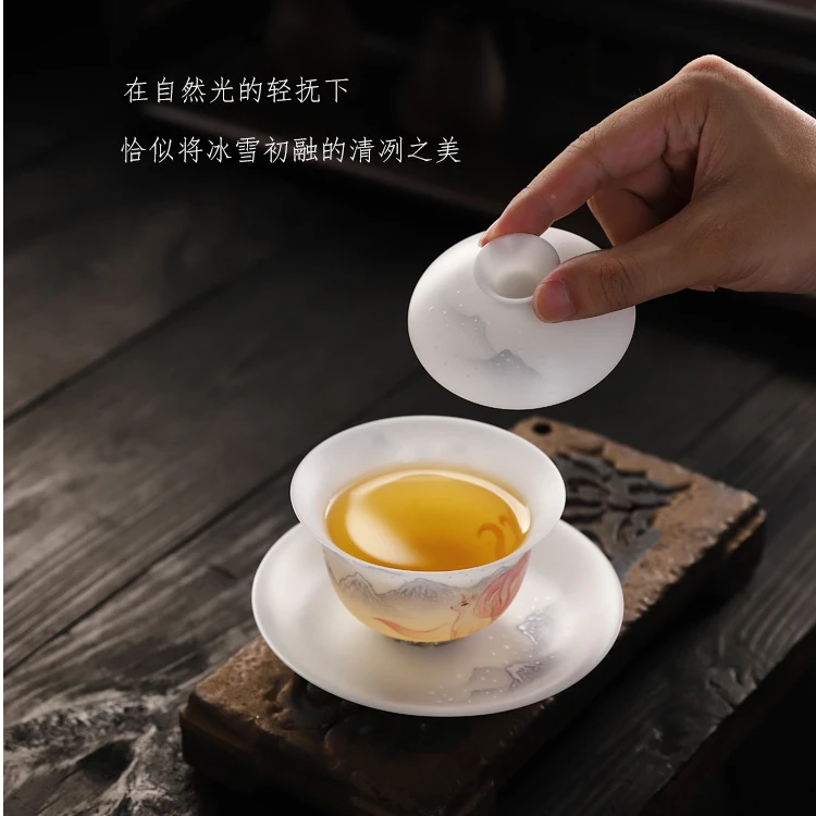 手绘山海经神兽九尾狐羊脂玉冰种素烧超薄胎防烫三才盖碗高档陶瓷