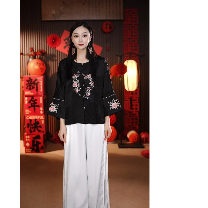 [蝶舞花环]公子柒新中式国风妈妈装双面穿蝶舞花环上衣