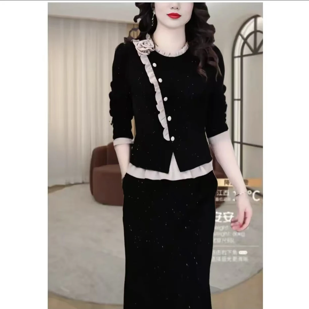 2025洋气轻奢高级感气质洒金工艺显瘦高档时尚假两件连衣裙