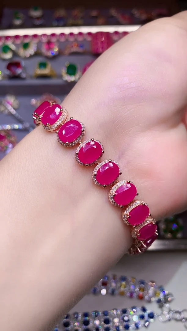 银S925镶嵌手链红宝石...