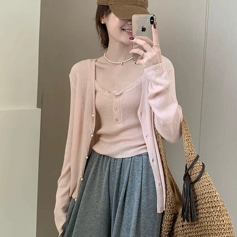 9063#花边吊带两件套秋季新款甜美气质简约风针织衫套装