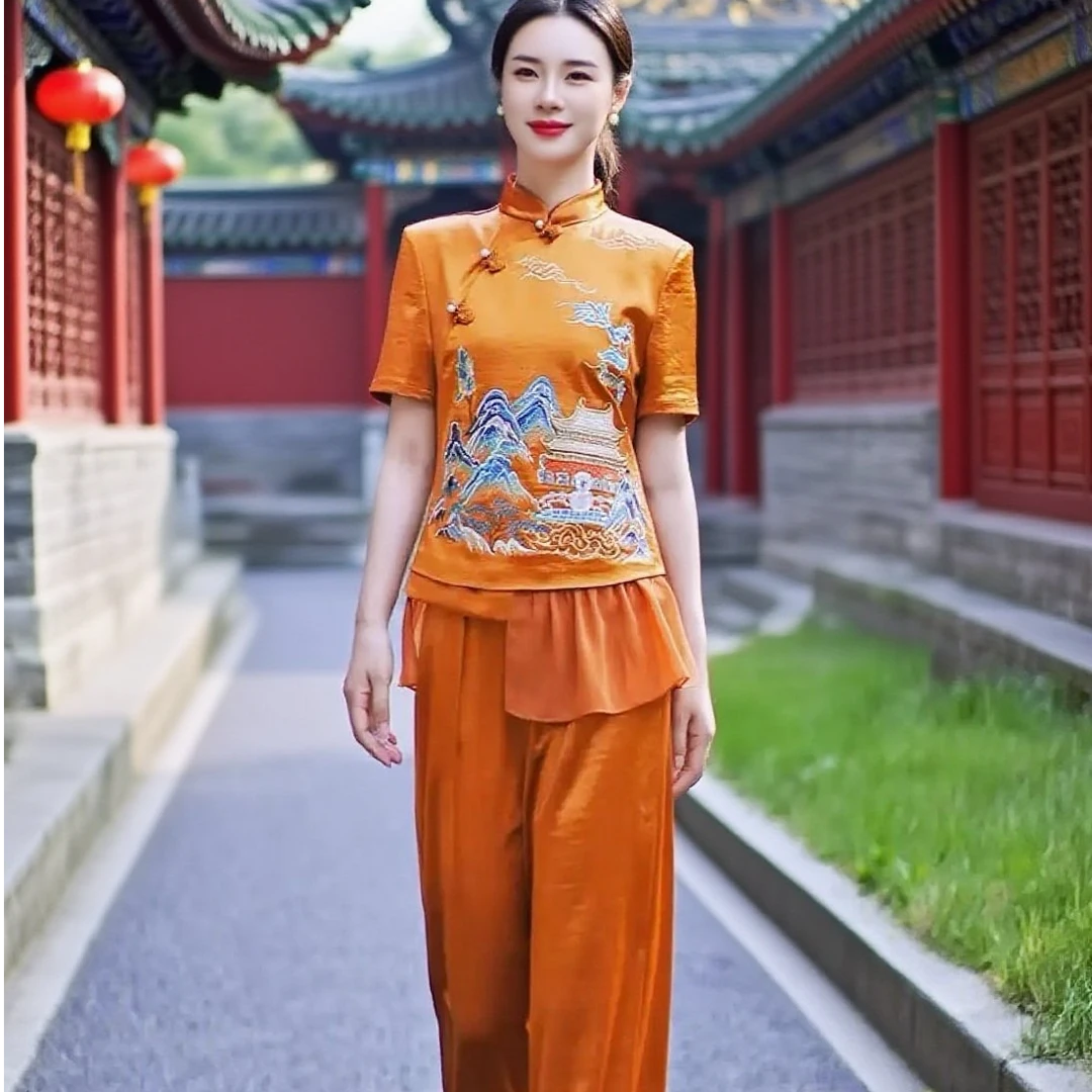 古韵仙阁-2025夏季新款中式国风刺绣立领短袖套装女-88033