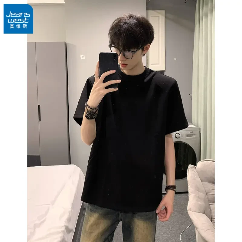 真维斯纯色短袖男夏季cleanfit黑色t恤潮牌重磅美式纯棉打底衫男